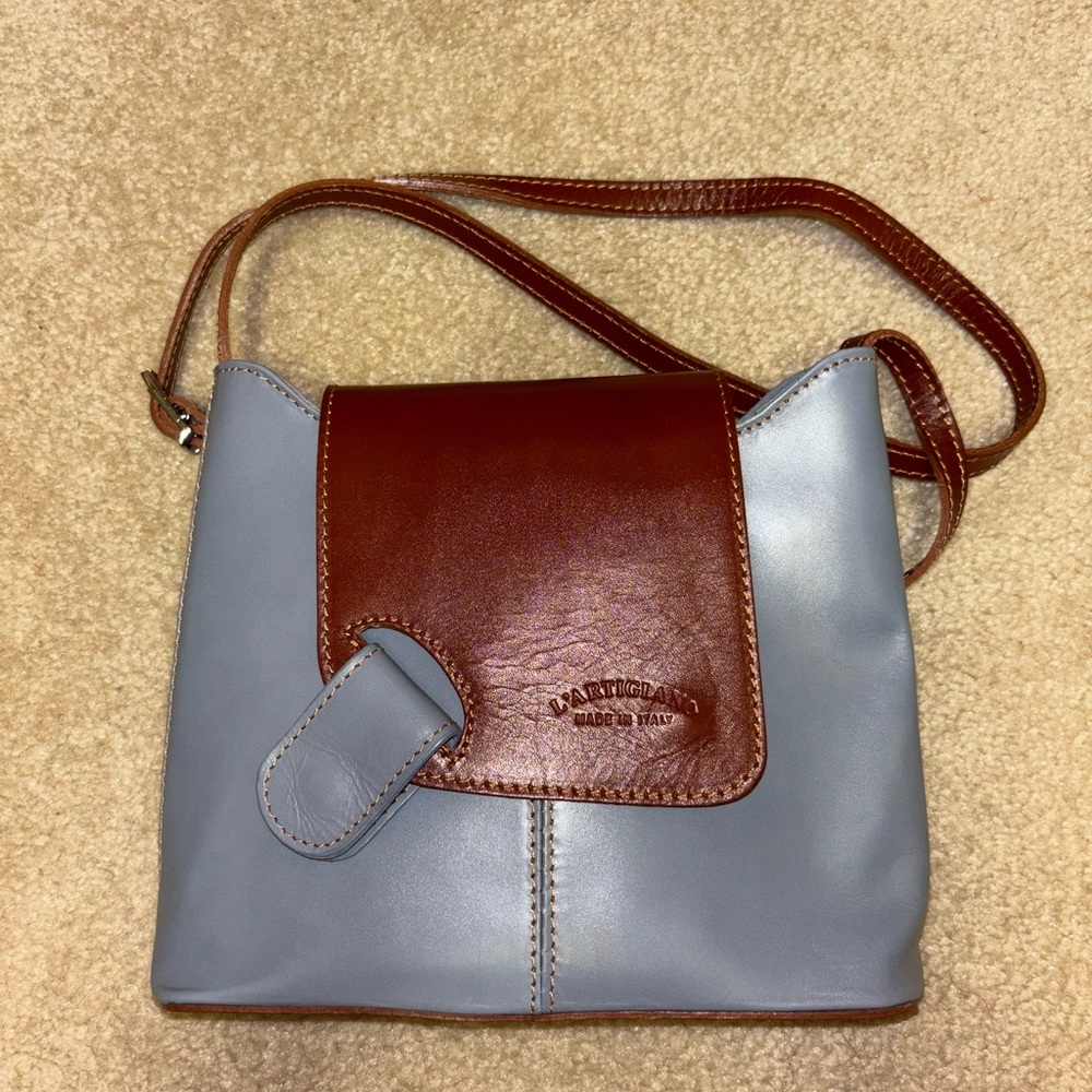 New Grey and Brown Italian Leather Crossbody Bag